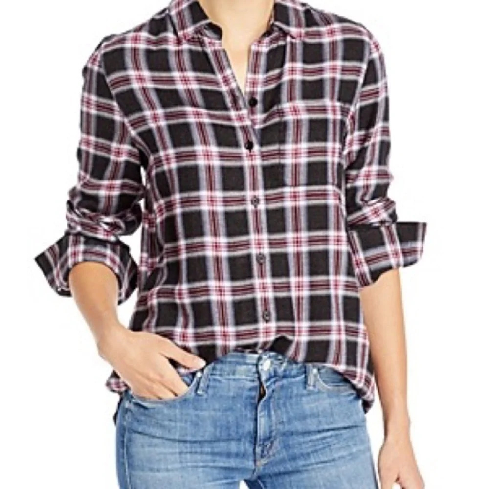 Beachlunchlounge Collection Whitney Plaid Button Front Top in Feather XS NWT